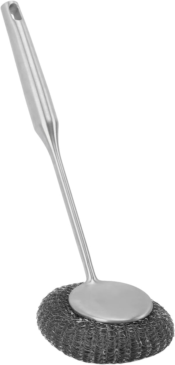 Stainless Steel Wool Scrubber with Long Handle, Handheld Scrubbing Brush for Pots and Pans Cleaning