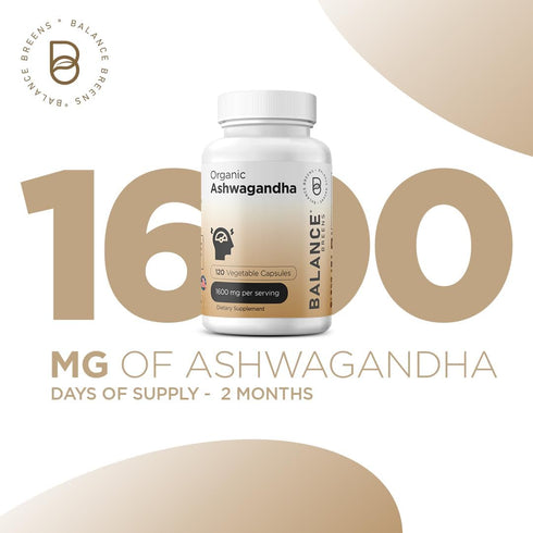 Certified Organic Ashwagandha 1600mg, 120 Veg Capsules, Supports Sleep & Balanced Energy Levels, 120 Count