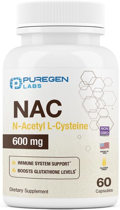 Puregen Labs N-Acetyl-L-Cysteine (NAC) 600mg - Supports Immune, Respiratory, Liver Health - 60 Vegetarian Capsules