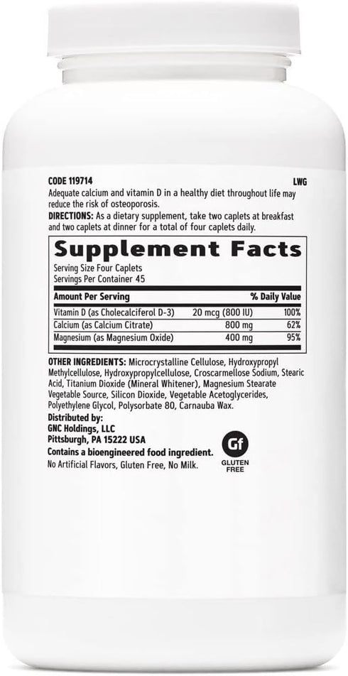 GNC Calcium Citrate Plus Magnesium & Vitamin D-3 800mg | Highly Absorbable Form of Calcium | 180 Count