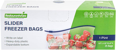 Restaurantware Bag Tek 1 Pint Freezer Slider Bags 25 Disposable Zipper Pouch Bags - Slide Zipper Expandable Bottom Clear Plastic Freezer Bags With Write-On-Label For Food Storage by Restaurantware