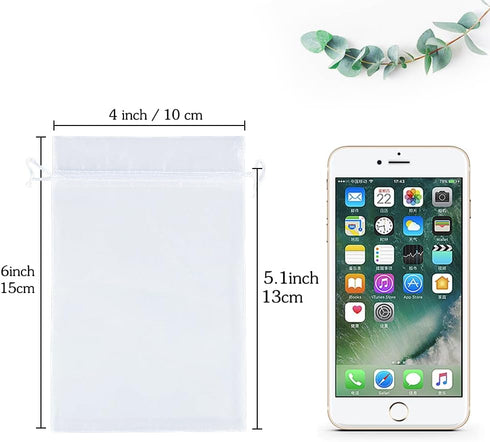 HRX Package 100pcs White Organza Bags, 4x6 inch Drawstring Gift Bags for Jewelry Pouches and Wedding Favors