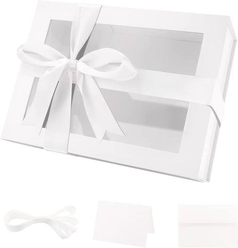 PACKQUEEN White Gift Box with Window, 9x6.5x3.8 Inches, Clear Gift Box with Ribbon and Card