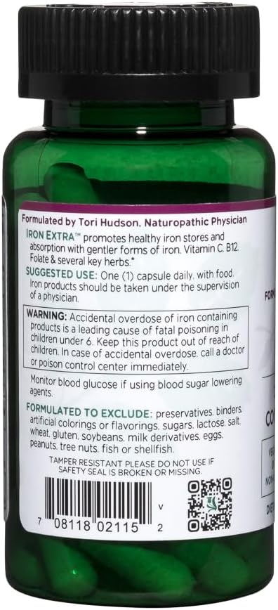 Vitanica Iron Extra, Vegan Iron Supplement with Vitamin C, Methylfolate, B12, Calcium, 60 Capsules