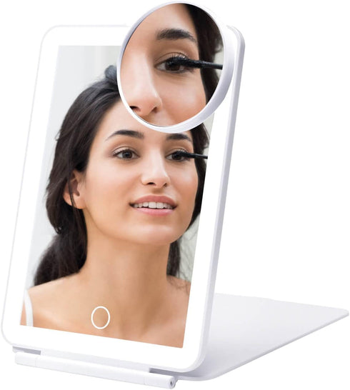 LED Foldable Travel Makeup Mirror, 5x7 inches, 3 Colors Light Modes, USB Rechargeable Touch Screen (White)