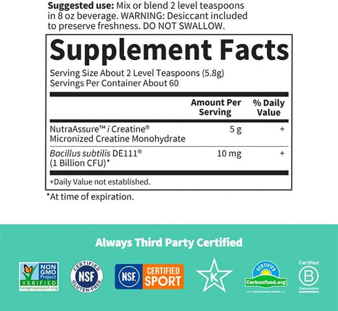 Garden of Life Creatine Monohydrate Powder for Women and Men | Micronized Pre Workout with Probiotics, 60 Servings