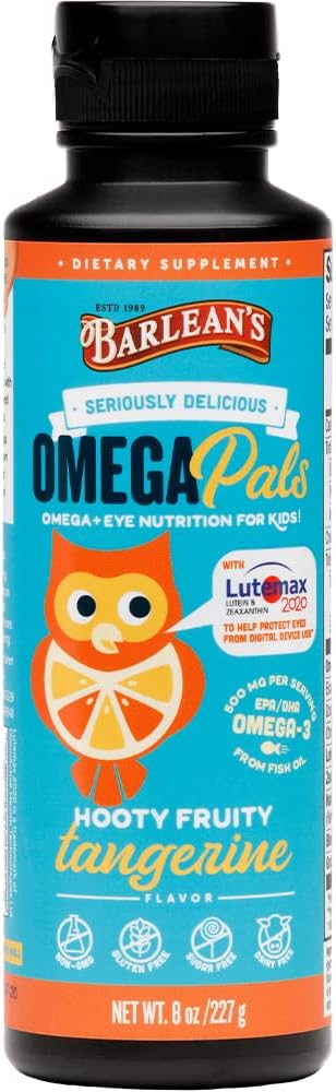 Barlean's Omega Pals Eye Health Liquid, Tangerine Flavored Omega 3 for Kids, 8 oz with 500 mg of EPA & DHA