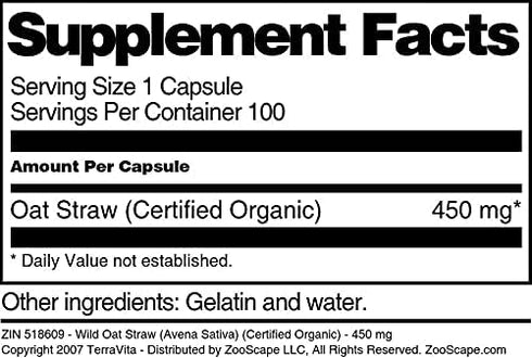 Terravita 450 (100 518609) Wild Oat Straw (Avena Sativa) (Certified Organic) - mg Capsules, ZIN: