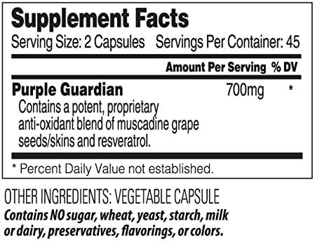 Purple Guardian Resveratrol with ORAC Blend, Veggie Caps, 700mg, 90-Count of Pulverized Muscadine Grape
