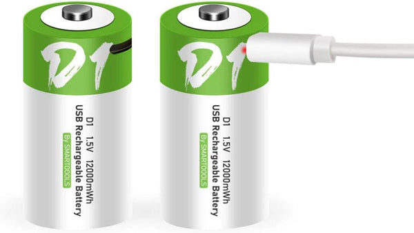Rechargeable D Batteries 1.5V 12000mWh, USB Lithium Ion Rechargeable D Battery with USB Type C Charging Cable, 2-Pack