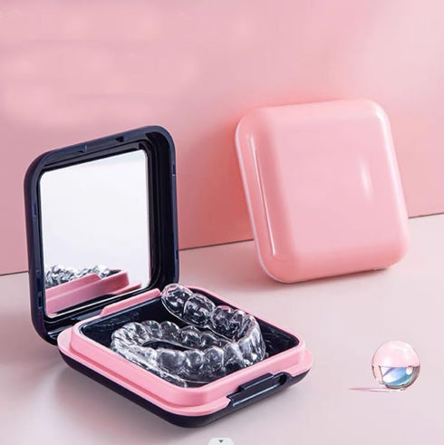 Retainer Case - Cute Mouthguard Case with Mirror, Slim Night Mouth Guard Case with Lid Hinge, Aligner Case
