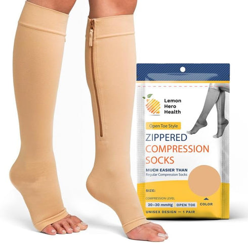 Lemon Hero Large Zippered Compression Socks - Open Toe 20-30 mmHg Varicose Veins Stockings, Beige with Zip Guard