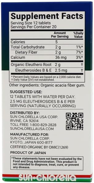 Sun Chlorella Organic Eleuthero Root 200 mg Supplement - Natural Adaptogen for Well Being & Endurance for Women & Men