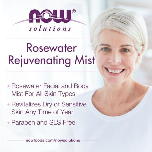 NOW Foods Solutions Rosewater Rejuvenating Mist, Hydration Spray for All Skin and Hair Types, 4-Ounce