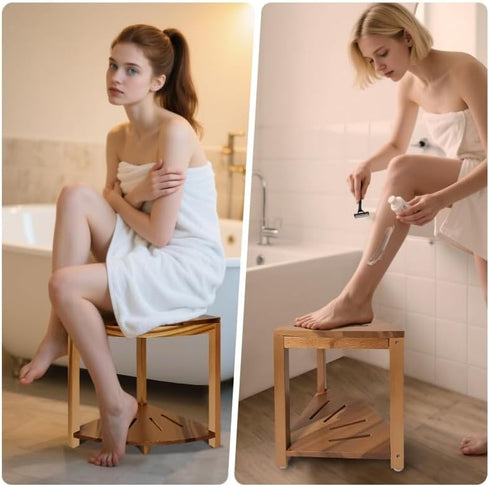 BHNJUTM 14.5 Corner Shower Stool in,Shower Foot Rest with Storage Shelf, Shower Shaving Stool for Shaving Legs, Shower