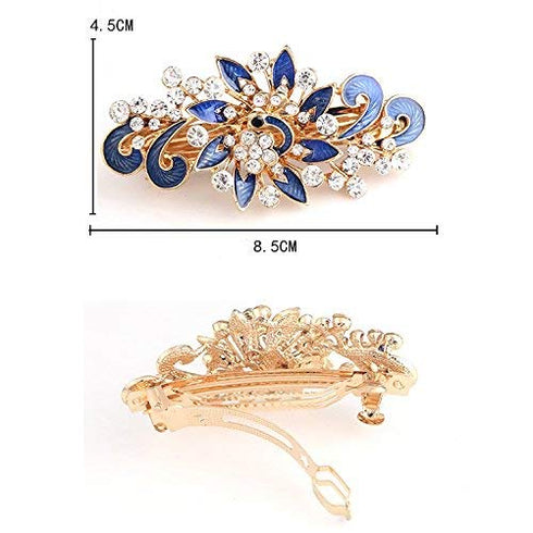 Women's Multilayered Peacock Shaped Rhinestone French Barrette Hair Clip, Blue