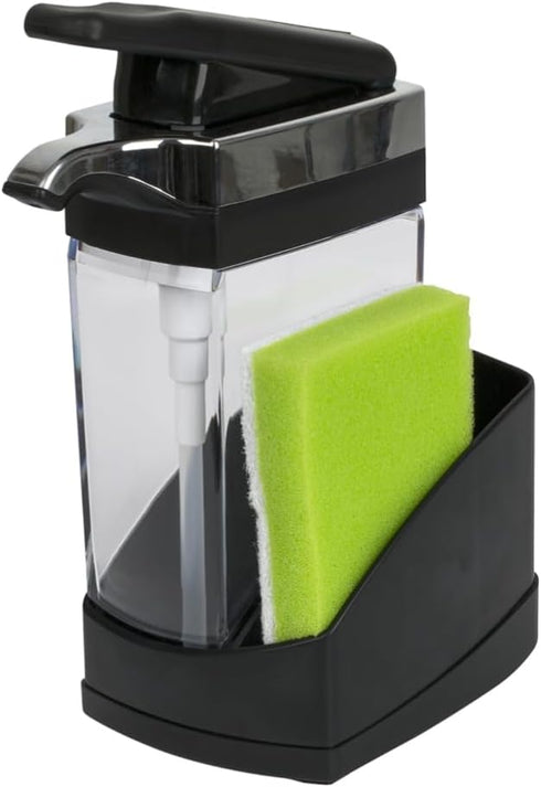 Casabella Sink Sider Solo Kitchen Soap Pump and Sponge Caddy - Black/Chrome 2-in-1 Design