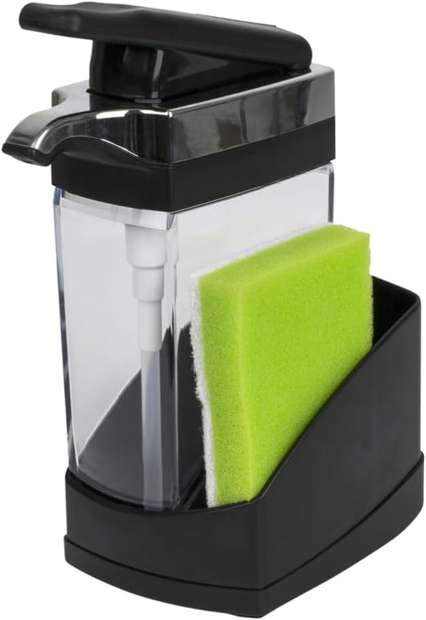 Casabella Sink Sider Solo Kitchen Soap Pump and Sponge Caddy - Black/Chrome 2-in-1 Design