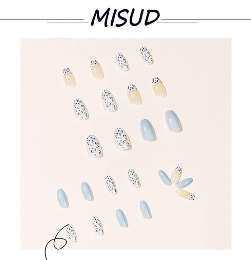 MISUD Medium Press on Nails Coffin, Cute Glossy Glue on Nails, Blue French Tip Artificial Nails, 24pcs