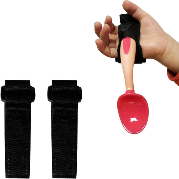 Adaptive Aid Elastic Utensil Cuff Holder Strap, 2 Pieces Adjustable Eating Assistance for Kids and Elderly (Black)