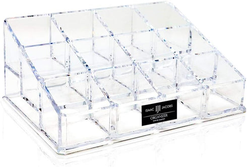 Isaac Jacobs Clear Acrylic Nail Polish Holder, 12 Compartment Organizer for Makeup and Essential Oils, 3 Rows (x4)