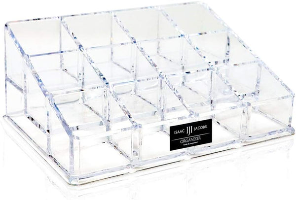 Isaac Jacobs Clear Acrylic Nail Polish Holder, 12 Compartment Organizer for Makeup and Essential Oils, 3 Rows (x4)