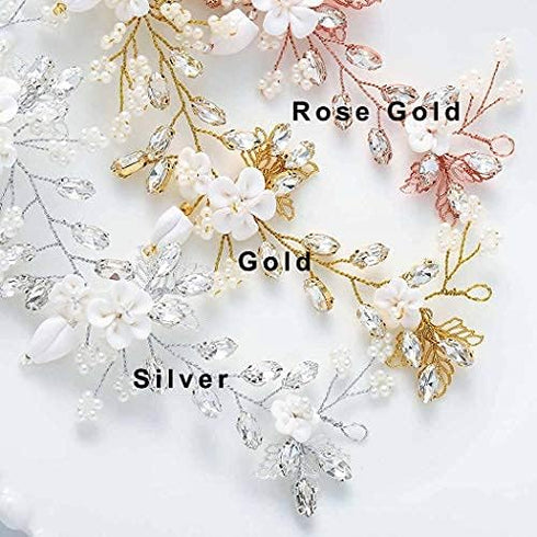 Unicra Bride Flower Wedding Hairpiece, Pearls Bridal Hair Accessory with Crystals for Women and Girls (Silver)
