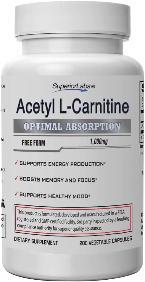 Superior Labs Acetyl L-Carnitine 1000mg, 200 Caps: Maximum Absorption, Pure Vegetable Capsules, Zero Synthetic Additives