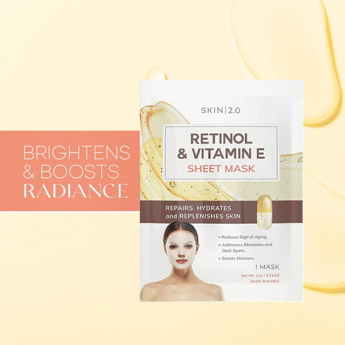 Retinol and Vitamin E Sheet Face Mask - Diminishes Blemishes, Acne Scars & Hyperpigmentation, Hydrating, Anti-aging Sheet Mask - Cruelty Free Korean Skin Care For All Skin Types - 5 Masks