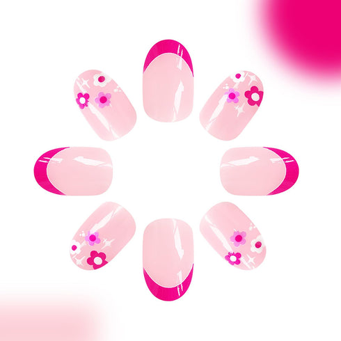 Press on Nails Short Almond French Tip Fake Nails, Pink Full Cover Floral False Nails with White Star Designs