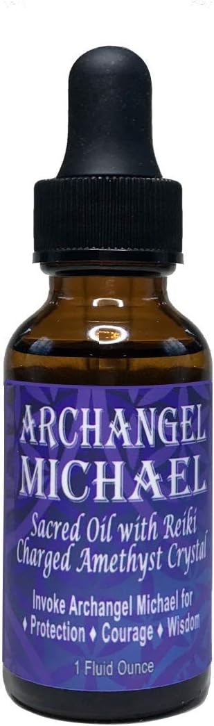 Archangel Michael Oil with Reiki Charged Amethyst Crystal (1 oz) - Sacred Anointing Oil for Blessings & Protection