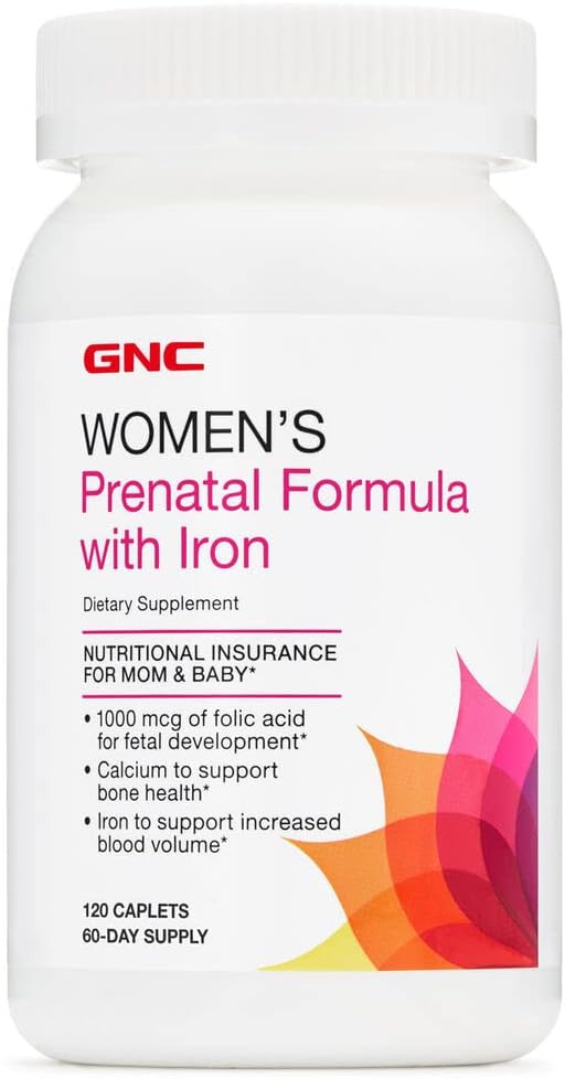GNC Women's Prenatal Multivitamin Formula with Iron, 120 Caplets, Supports Pregnancy and Healthy Baby Development