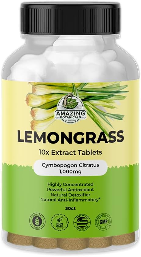 Lemongrass 10X Extract Tablets 1,000mg Each - Organic Cymbopogon Citratus Highly Concentrated Antioxidant Supplement - Natural Herbal Supplement for Immunity Boosting - 30 Tablets