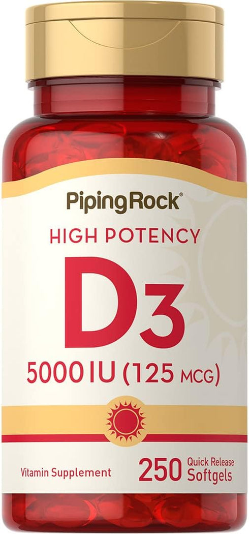 Piping Rock Vitamin D3 5000 IU, 250 Softgels, High Potency Supplement, Non-GMO, Gluten Free