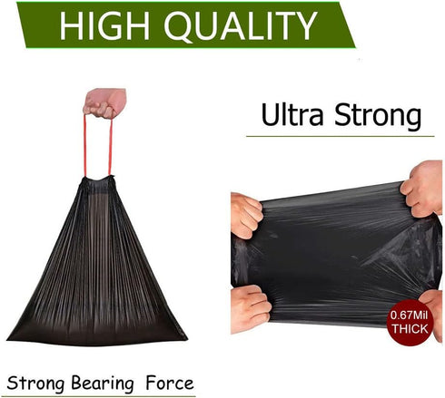 Medium Drawstring Garbage Bag, 6-7 Gallon Black Trash Bag, 100 Counts, 0.67 Mil