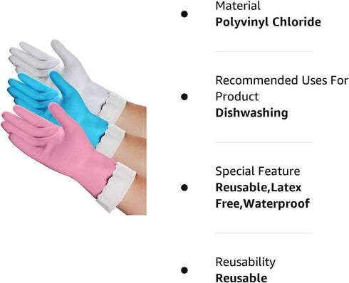 HSL Reusable Household Cleaning Gloves - Medium, 3 Pairs, Kitchen Dishwashing, Latex Free, Waterproof, Non-Slip