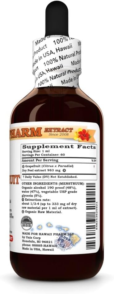 Hawaii Pharm 2 fl.oz Grapefruit (Citrus x Paradisi) Dry Peel Tincture, Made in Hawaii, Raw Materials, All Natural