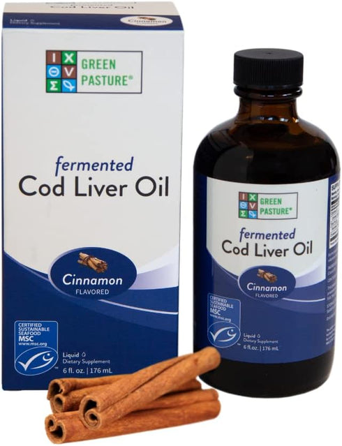 Green Pasture Fermented Cod Liver Oil Liquid - 6 fl. oz. with Vitamin A, D, Omega 3, 6, 9 (Cinnamon)