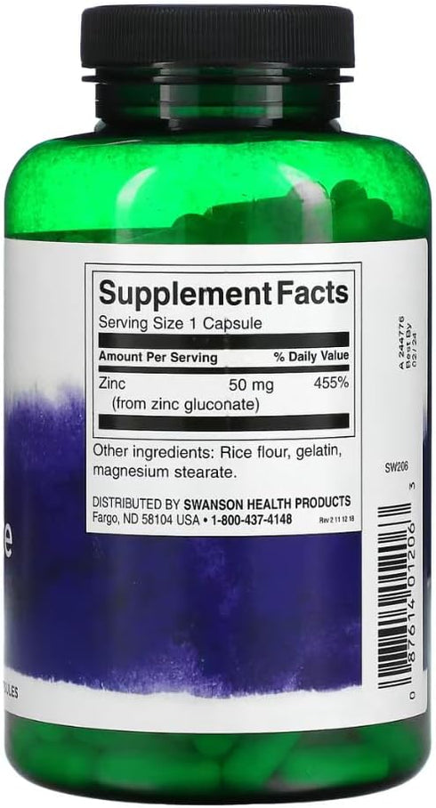 Swanson Zinc Gluconate - Mineral Supplement for Prostate Health, Vision Health, & Immune Support - 250 Capsules, 50mg