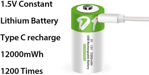 Rechargeable D Batteries 1.5V 12000mWh, USB Lithium Ion Rechargeable D Battery with USB Type C Charging Cable, 2-Pack