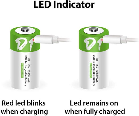 Rechargeable D Batteries 1.5V 12000mWh, USB Lithium Ion Rechargeable D Battery with USB Type C Charging Cable, 2-Pack