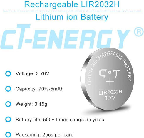 2 Pack 3.7V Lir2032H Rechargeable Coin Batteries for Key Fob, High Capacity 70mAh Lithium 2032 Button Cells