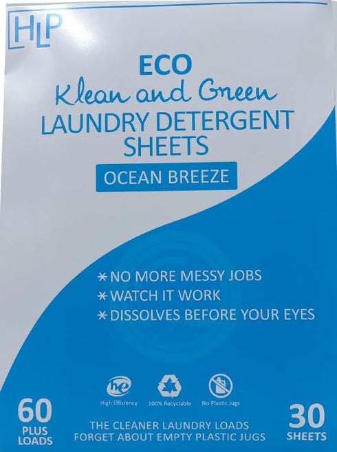 HLP Laundry Detergent Sheets - 30 Sheets (60 Loads) | Ocean Scent, No Plastic Jug, Eco-Friendly