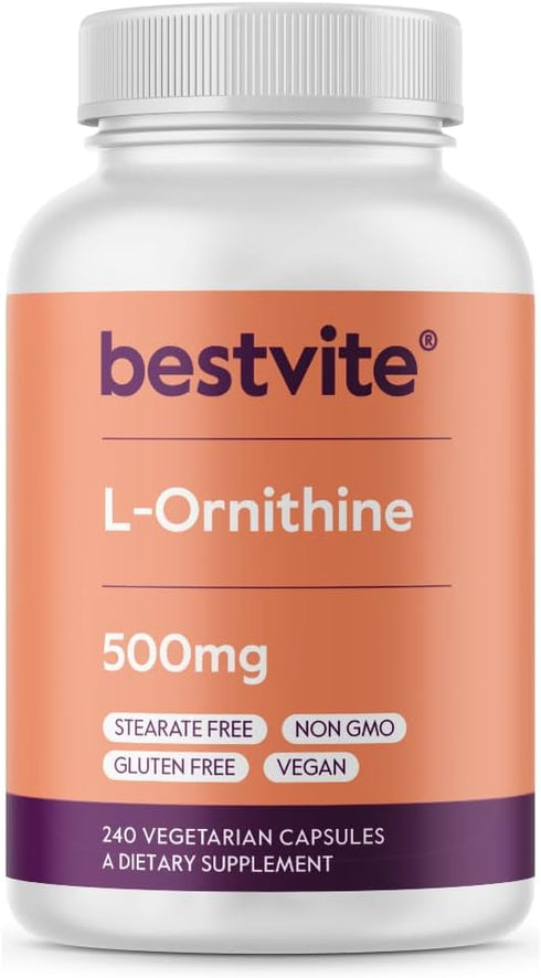 BESTVITE L-Ornithine 500mg (240 Vegetarian Capsules) - Vegan, Non-GMO, Gluten-Free, No Stearates or Fillers