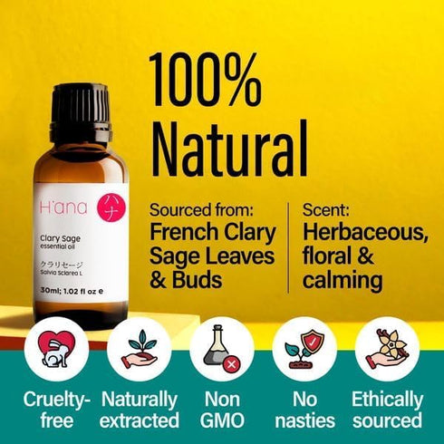 H’ana Clary Sage Essential Oil - 100% Natural for Diffuser, Skin, Hair & Aromatherapy 1 fl oz
