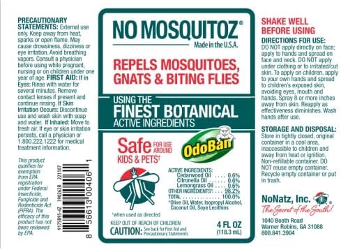No Natz No Mosquitoz Botanical Bug Repellent, Effective for Gnat, Mosquito, and Biting Flies, Hand-Crafted and DEET-Free, Non-Greasy Formula, 4 Ounce Spray Bottle