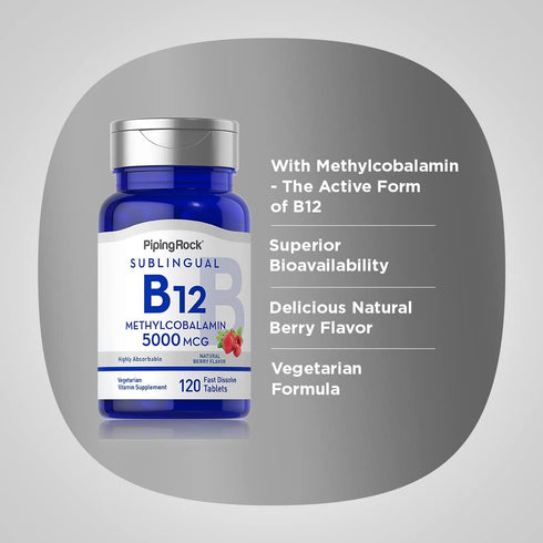 Piping Rock B12 Sublingual, Methylcobalamin, 5000 mcg, 120 Tablets, Berry Flavor, Vegetarian, Non-GMO, Gluten Free