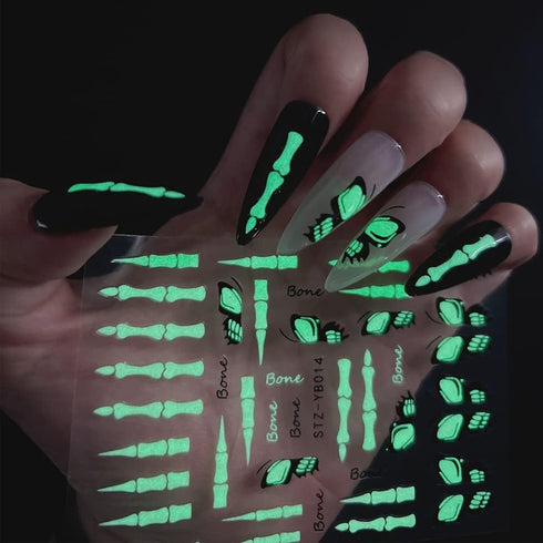 6 Sheets Halloween Nail Art Stickers, Luminous 3D Self Adhesive Glow in The Dark Designs for Halloween Nail Decorations