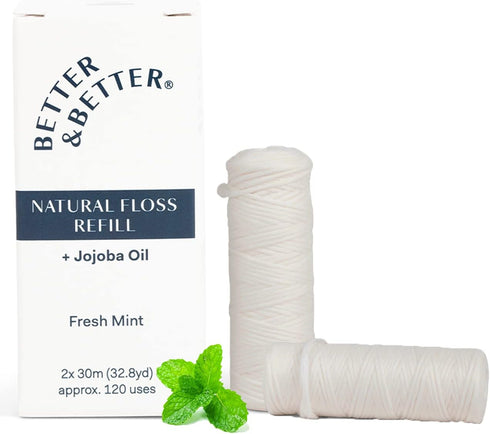 Better & Better Natural Floss in Refillable Glass Jar | 100% Plant-Based Waxed Dental Floss | Eco-Friendly (196.8 ft)
