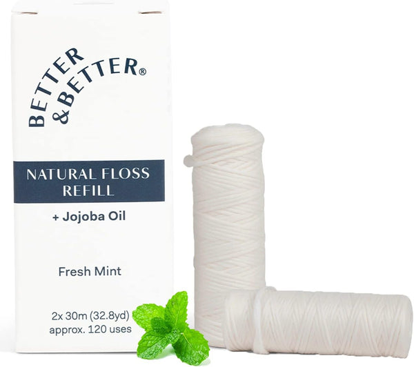 Better & Better Natural Floss in Refillable Glass Jar | 100% Plant-Based Waxed Dental Floss | Eco-Friendly (196.8 ft)